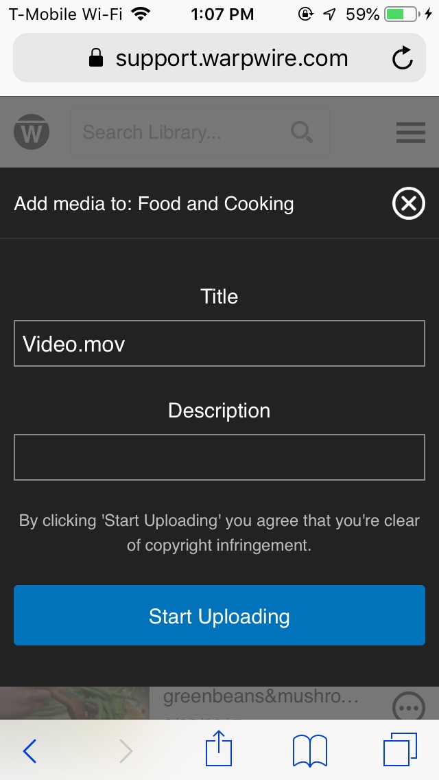 Warpwire upload interface with fields to give file Title and Description