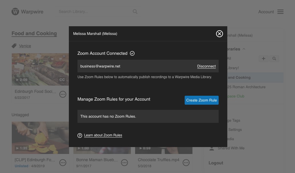 Warpwire Zoom settings window, showing no Zoom rules for current account