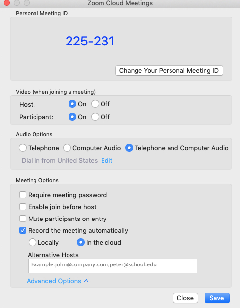 Zoom application meeting settings