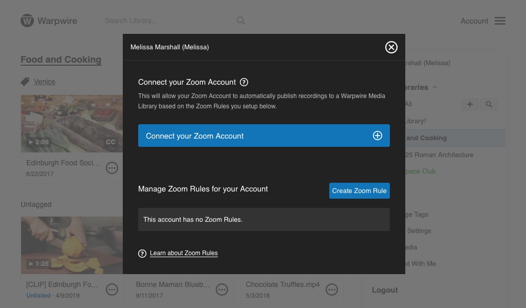 Zoom settings page, without connected Warpwire account