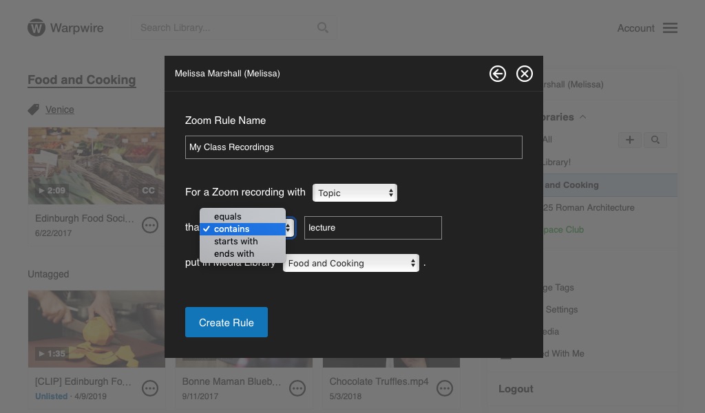 Zoom Rule creation window with 'Topic' selected