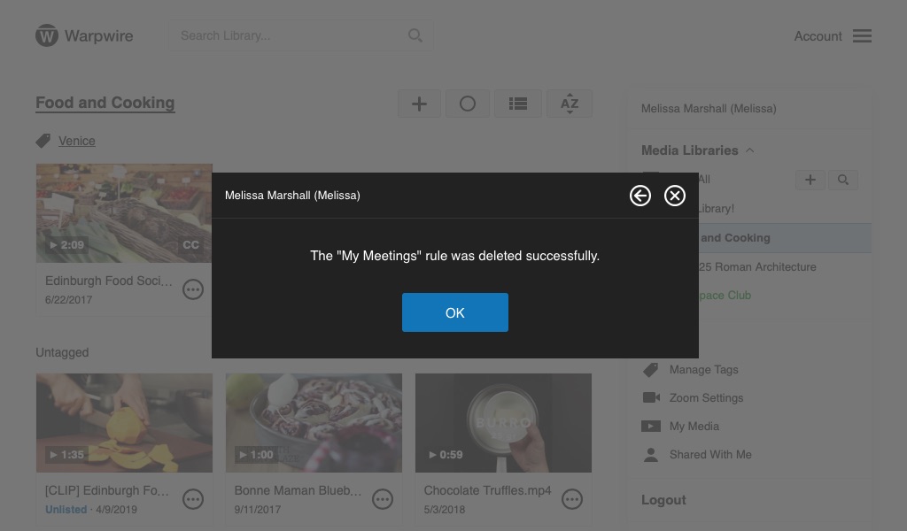 Confirmation of Zoom Rule deletion in the Warpwire Media Library