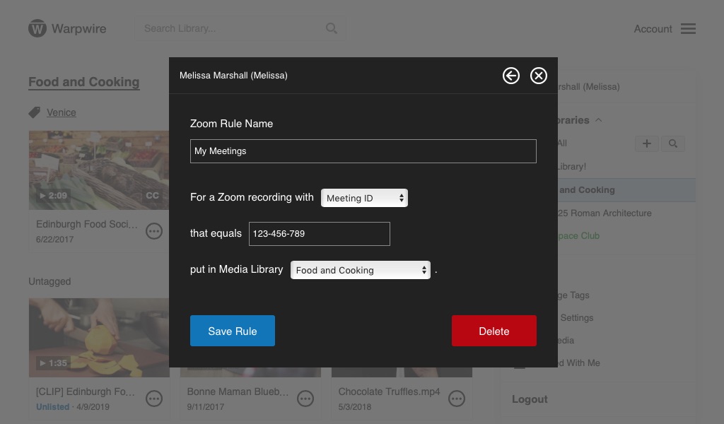 Edit Zoom Rule window within the Warpwire Media Library