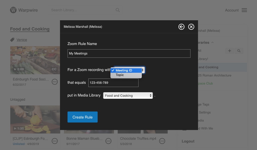 Zoom Rule setup window within the Warpwire Media Library