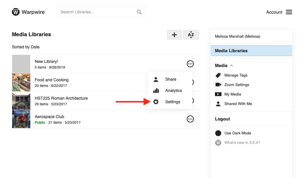 Warpwire Media Library options dropdown, with red arrow pointing to settings