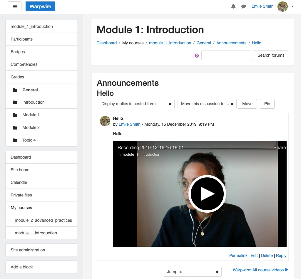 Warpwire video recording embedded in Moodle post
