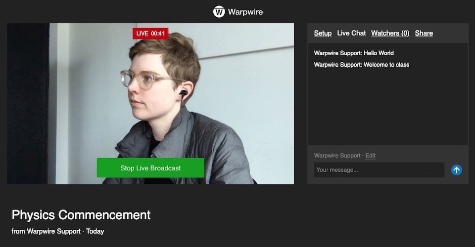 Warpwire's Live Broadcast window with side chat pane visible