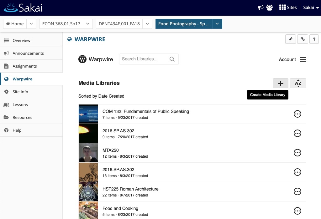 Warpwire Media Library options dropdown menu within Canvas course