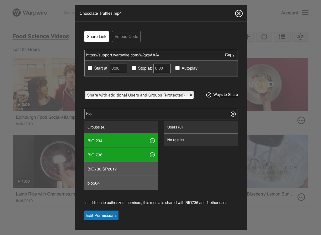 Warpwire media sharing settings pane, two groups selected in green