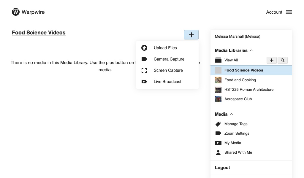 Add Content dropdown menu within the Warpwire Media Library