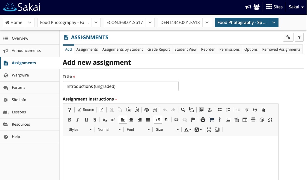 Sakai assignment page text editor