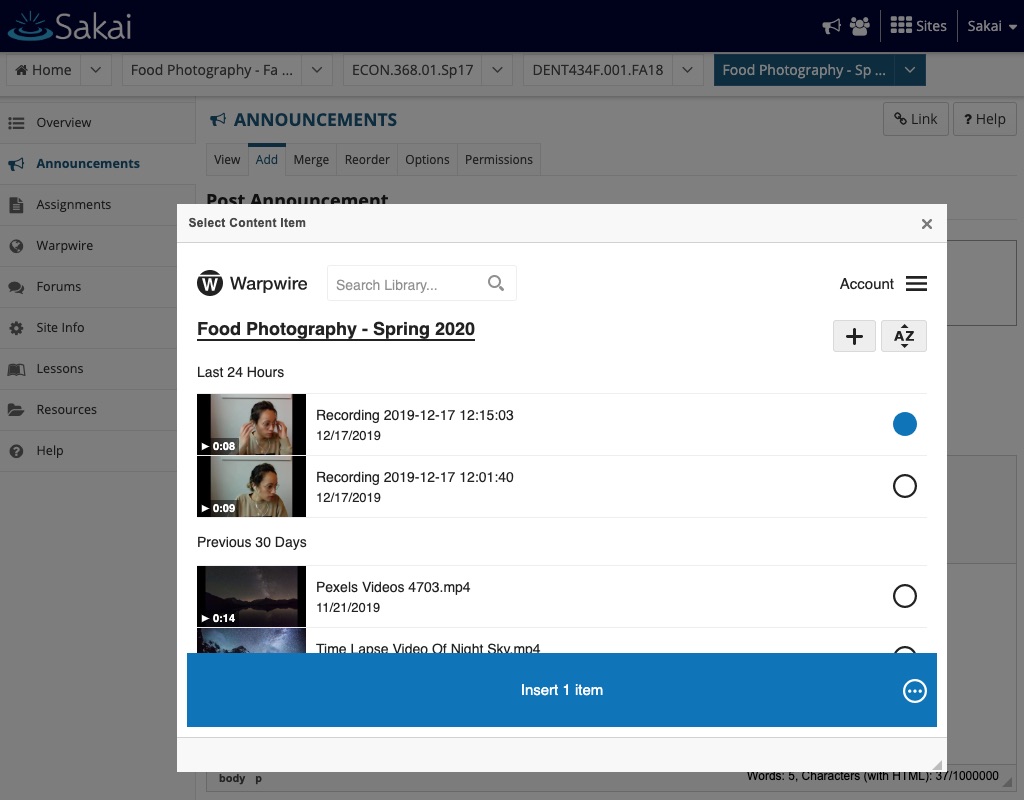 Warpwire video selected to embed in Sakai post