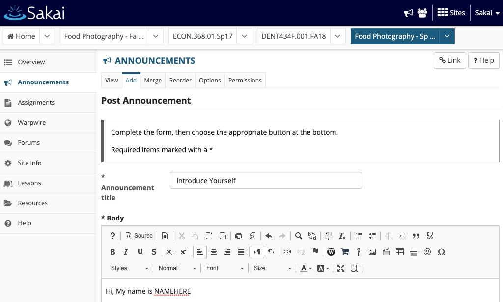 Sakai discussion post text editor