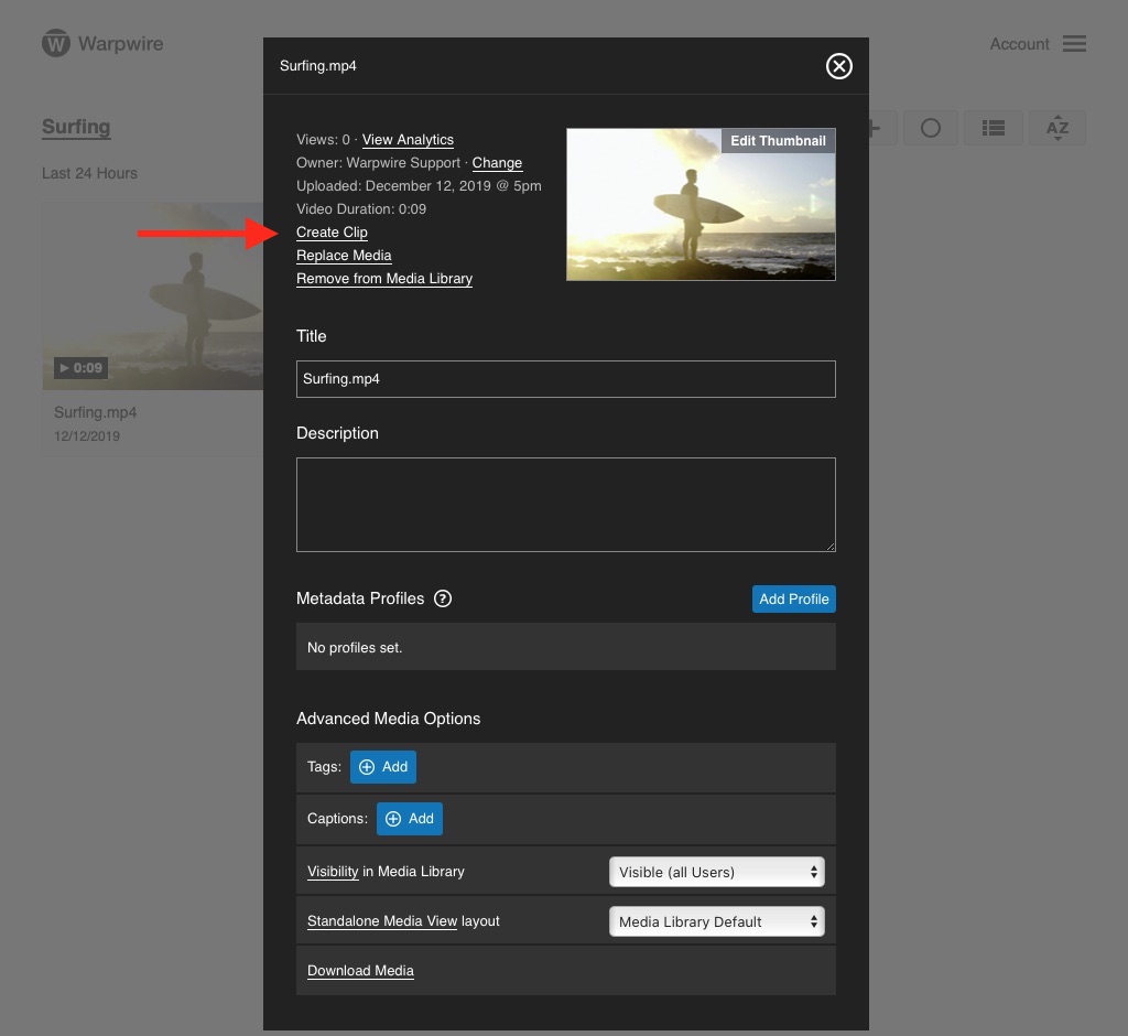 Warpwire media options pane with user input for 'Title' and 'Description'